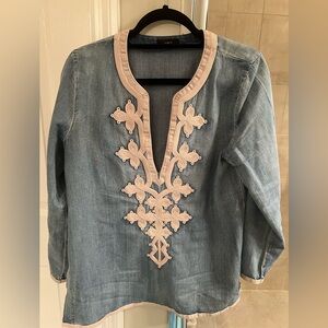 J. Crew Chambray Denim Blue Tunic with Cream Embroidery size 10